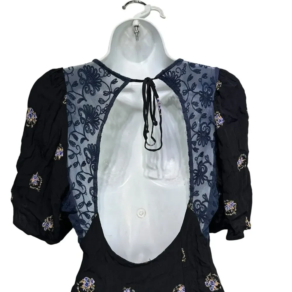 Free People Mockingbird Floral Print Black Embroidered Mini Tunic Dress Size 4